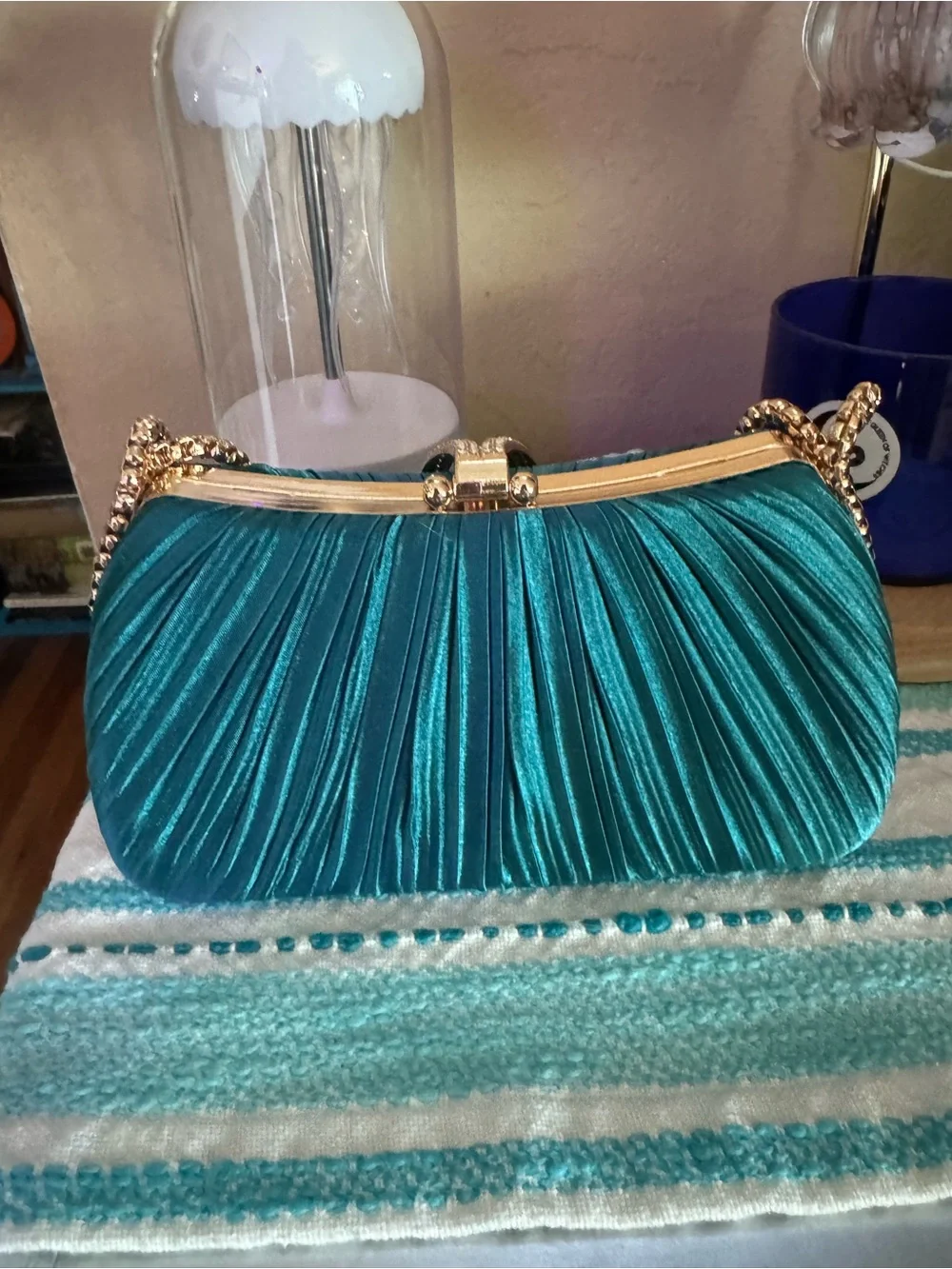 Elegant Teal Evening Clutch with Gold Chain & Crystal Accent Shoulder Strap NEW